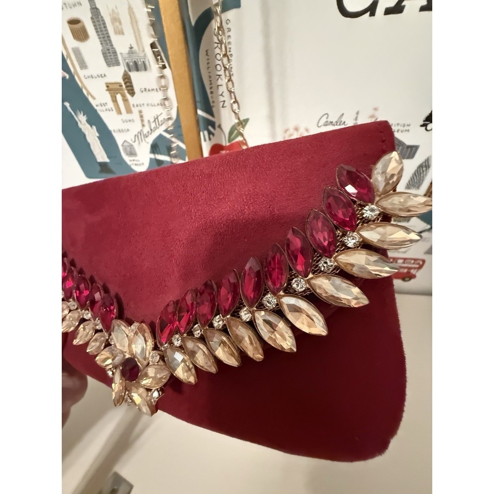 Burgundy Beaded Evening Bag Crossbody Strap Clutch Purse - Picture 3 of 7